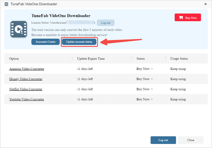 Update Account Status in TuneFab VideOne Downloader