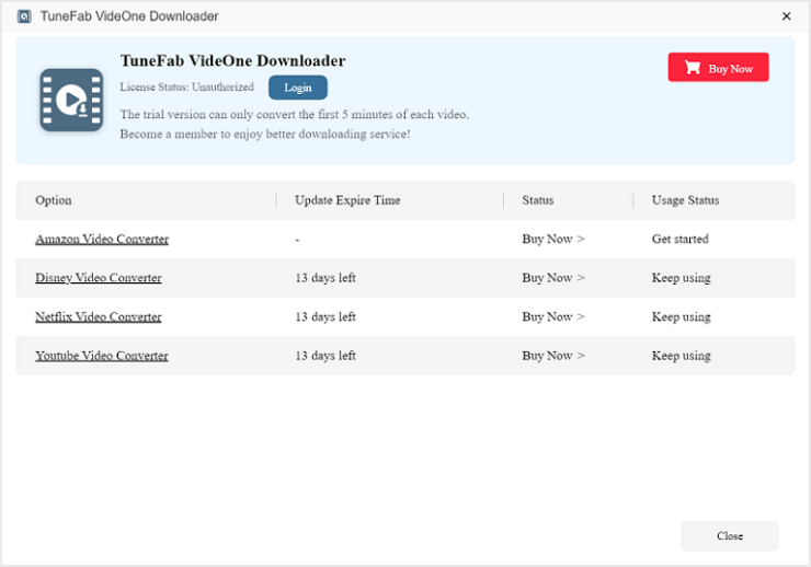 TuneFab VideOne Downloader Account Status Window