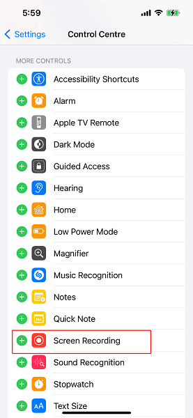 Enable Screen Recording in the Control Center