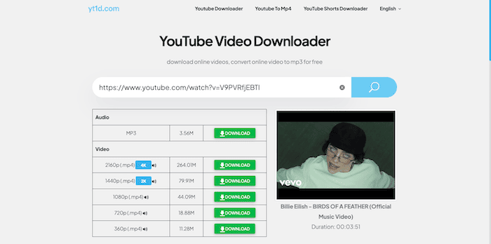 Download YouTube to MP4 with YT1D