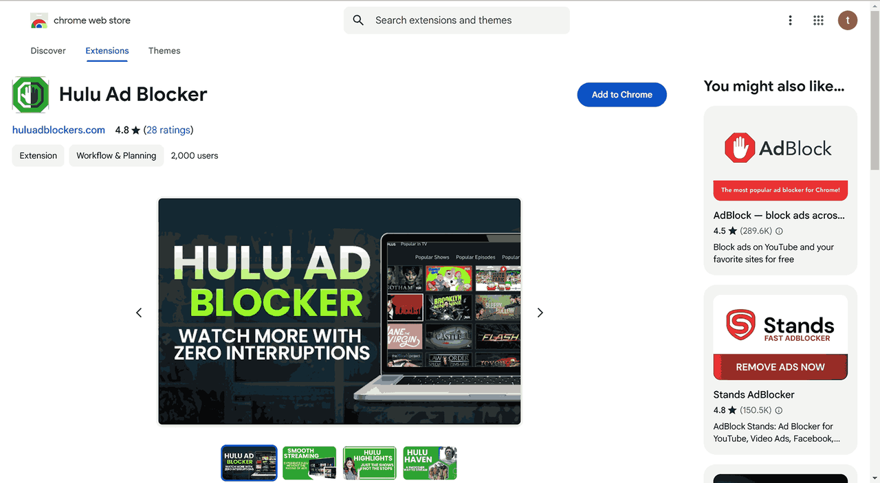 Open Hulu Ad Blocker Detailed Page