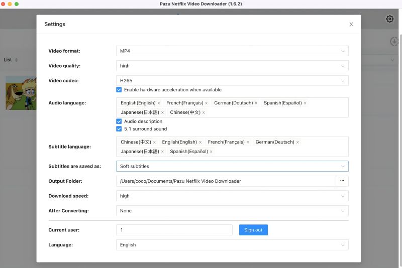 Set Output Parameters for Pazu Netflix Video Downloader