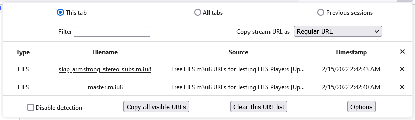 Stream Detector on Firefox