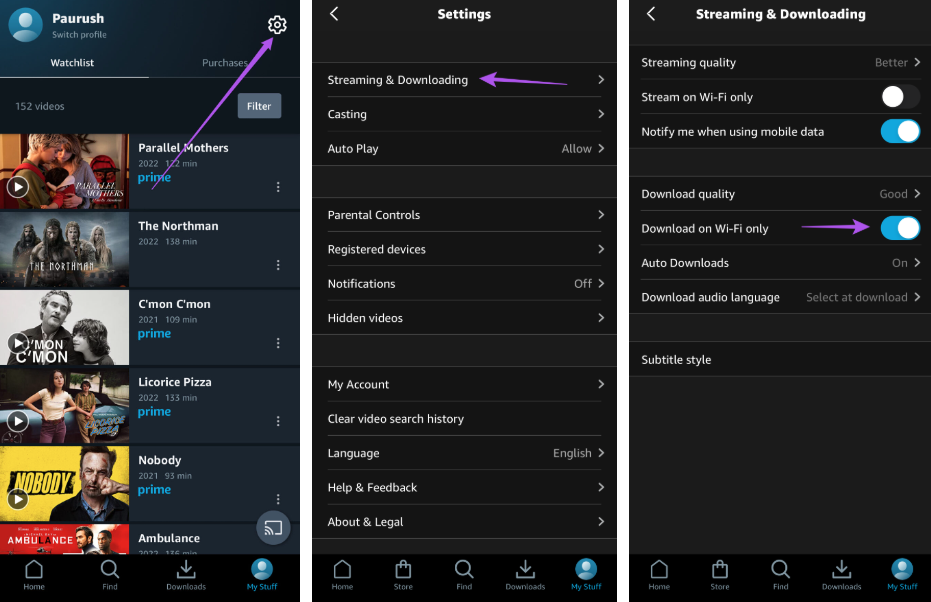Turn off Download on Wi-Fi Only in Prime Video settings