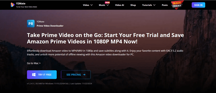 Homepage of Y2Mate Prime Video Downloader