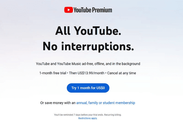 Get YouTube Premium 1-Month Free Trial